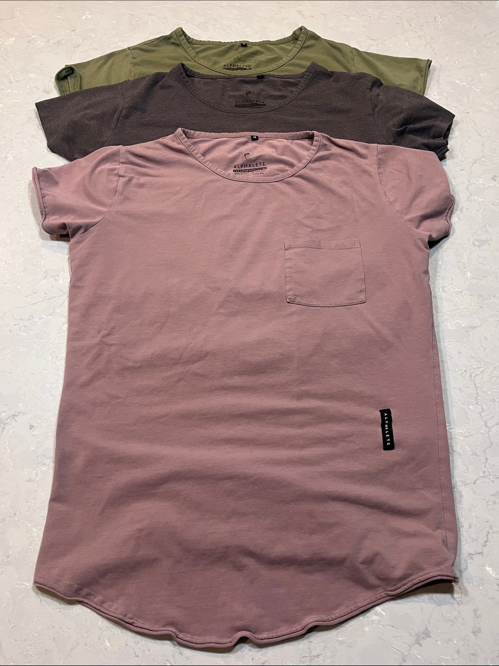 Lot of 3 Alphalete Pocket Scoop Neck Tees with Olive, Charcoal and Dusty Rose